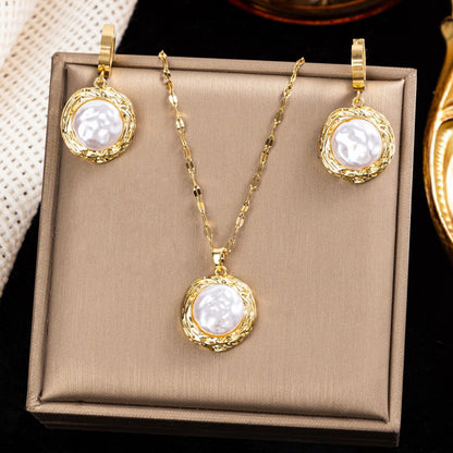 Schmuckset Damen Gold Perlen Edelstahl Halskette Ohrringe vergoldet Karma