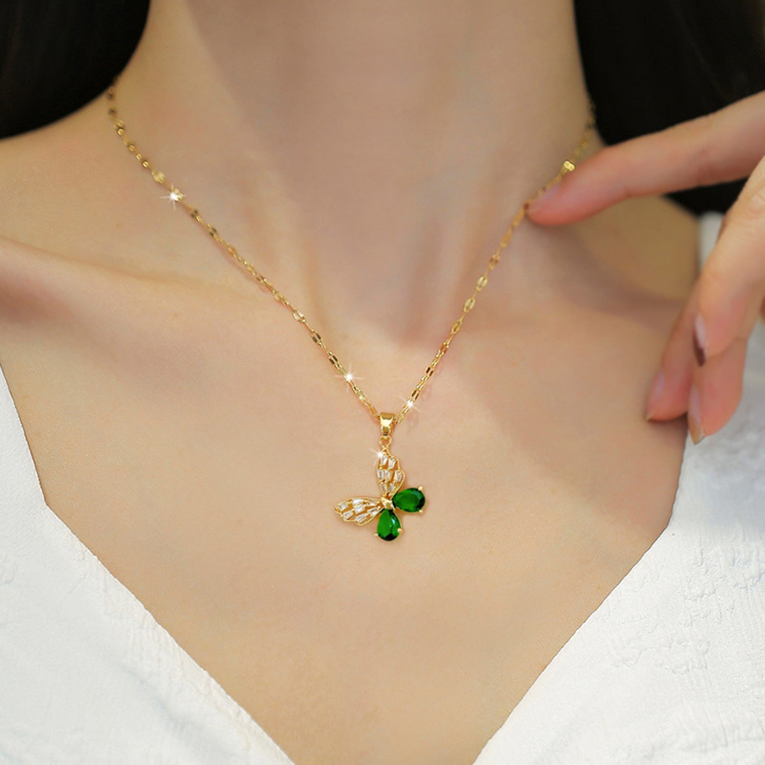 Schmuckset Schmetterling Gold Grün Halskette und Ohrringe Zirkone Edelstahl vergoldet wasserfest hypoallergen rostfrei Karma