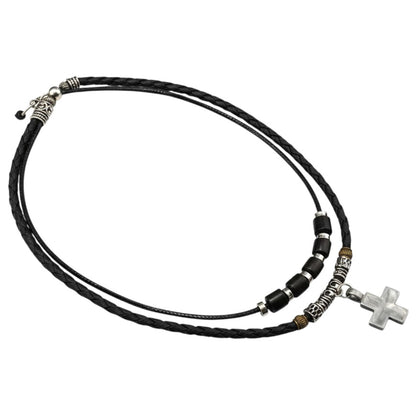 Halskette mehrreihig Surfer Style Schwarz Silber PU Leder