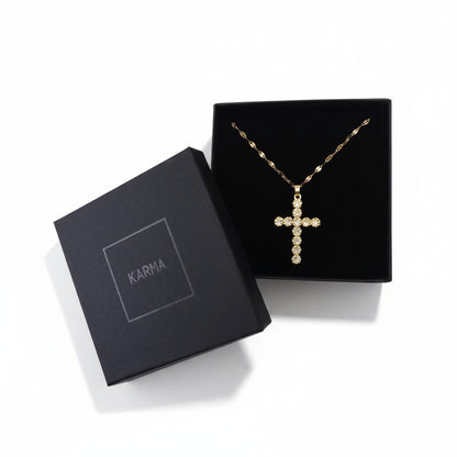 Halskette Kreuz Kristalle Gold vergoldet 40 cm wasserfest rostfrei Damen Kette in Schmuckbox Karma