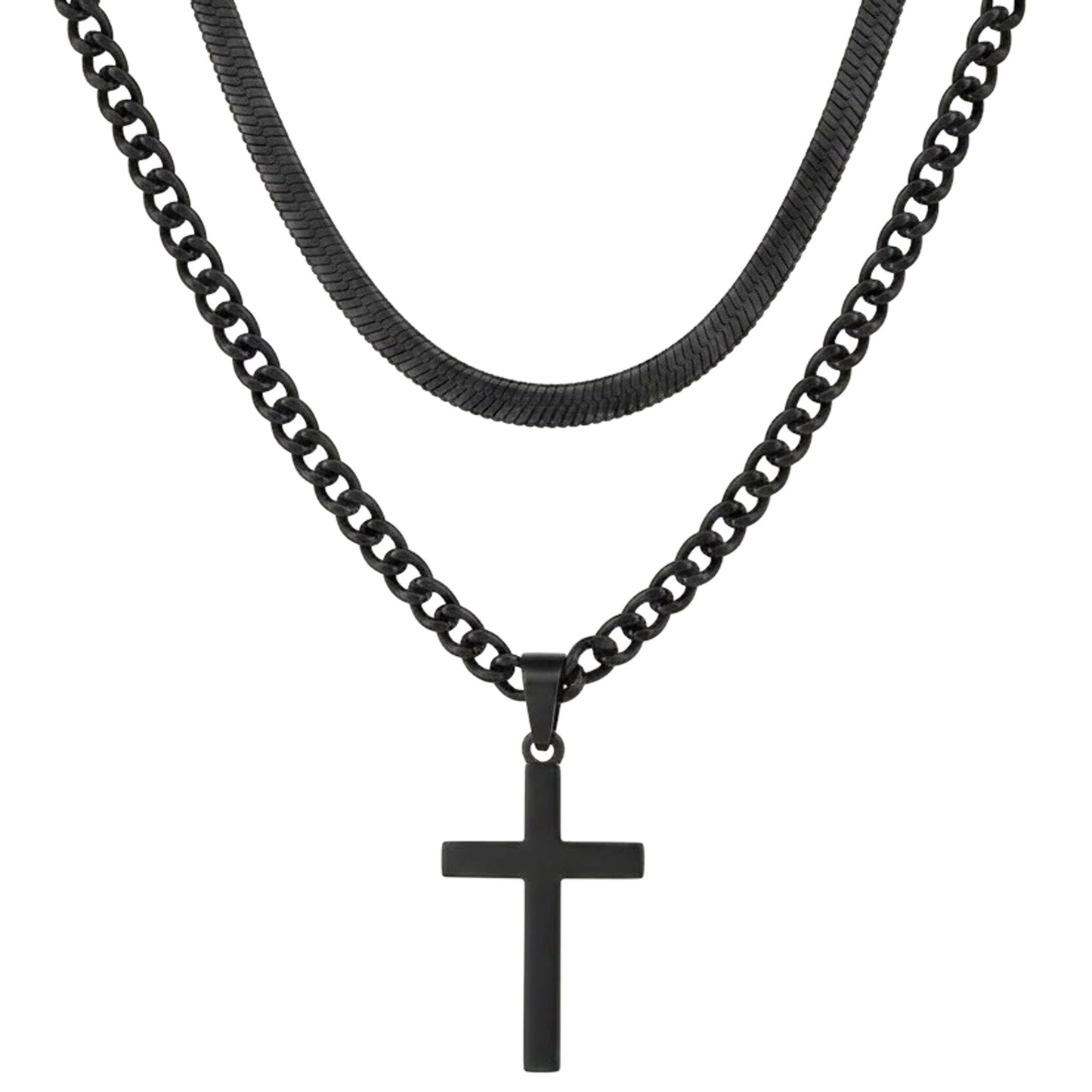 2er Set Ketten Herren Kreuz Schlangenkette Schwarz Edelstahl wasserfest rostfrei hypoallergen Karma
