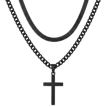 2er Set Ketten Herren Kreuz Schlangenkette Schwarz Edelstahl wasserfest rostfrei hypoallergen Karma