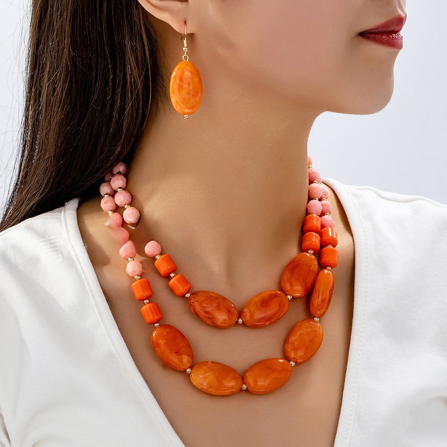 Schmuckset Kette und Ohrringe Orange Rosa Acryl  Damen Karma