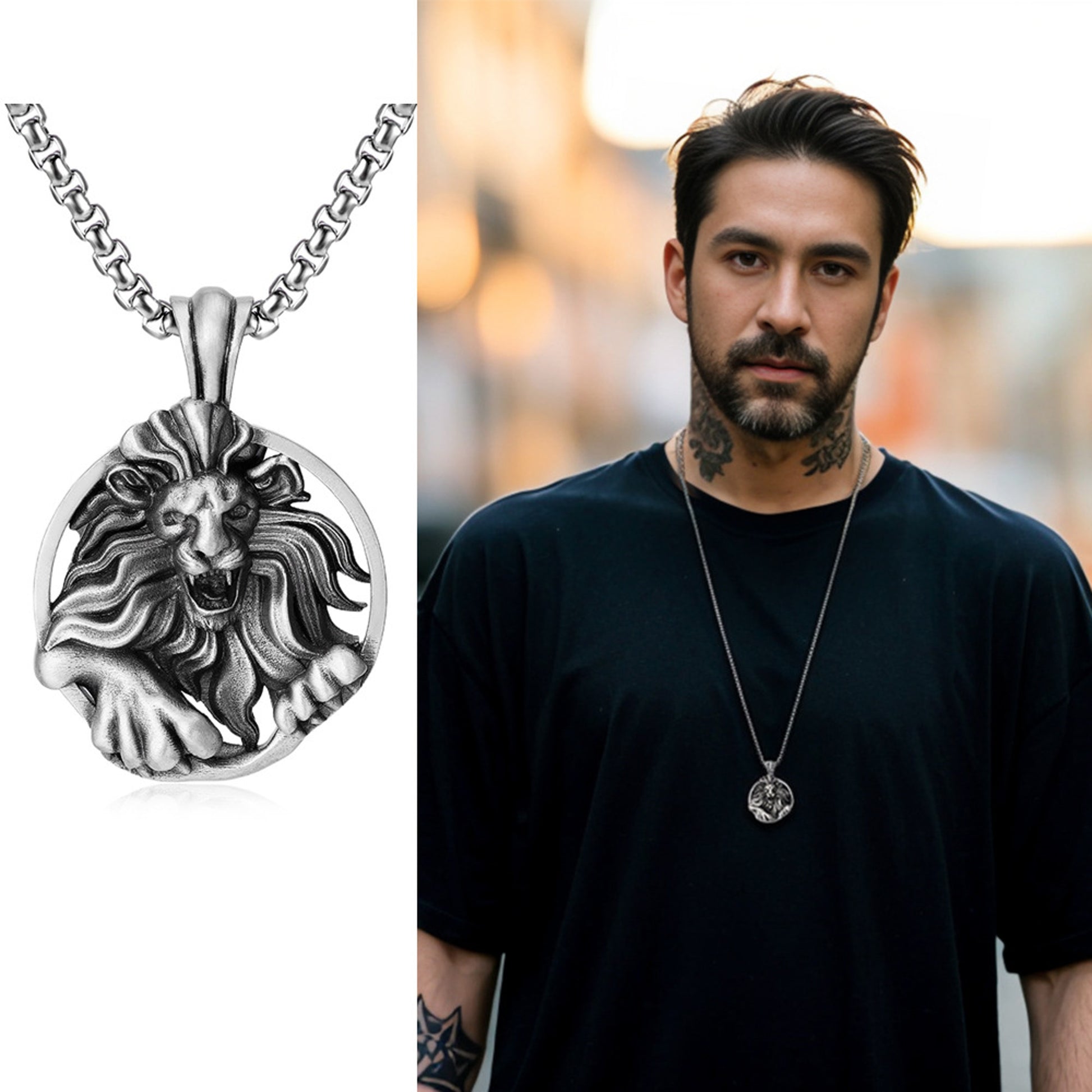 Herren Halskette Löwe Edelstahl Zinn Silber Kette modern KARMA