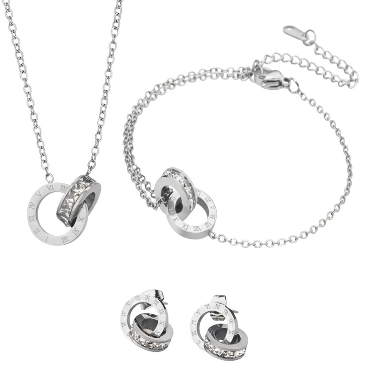Schmuckset Zirkon Silber Kette Armband Ohrstecker Edelstahl wasserfest hypoallergen Karma