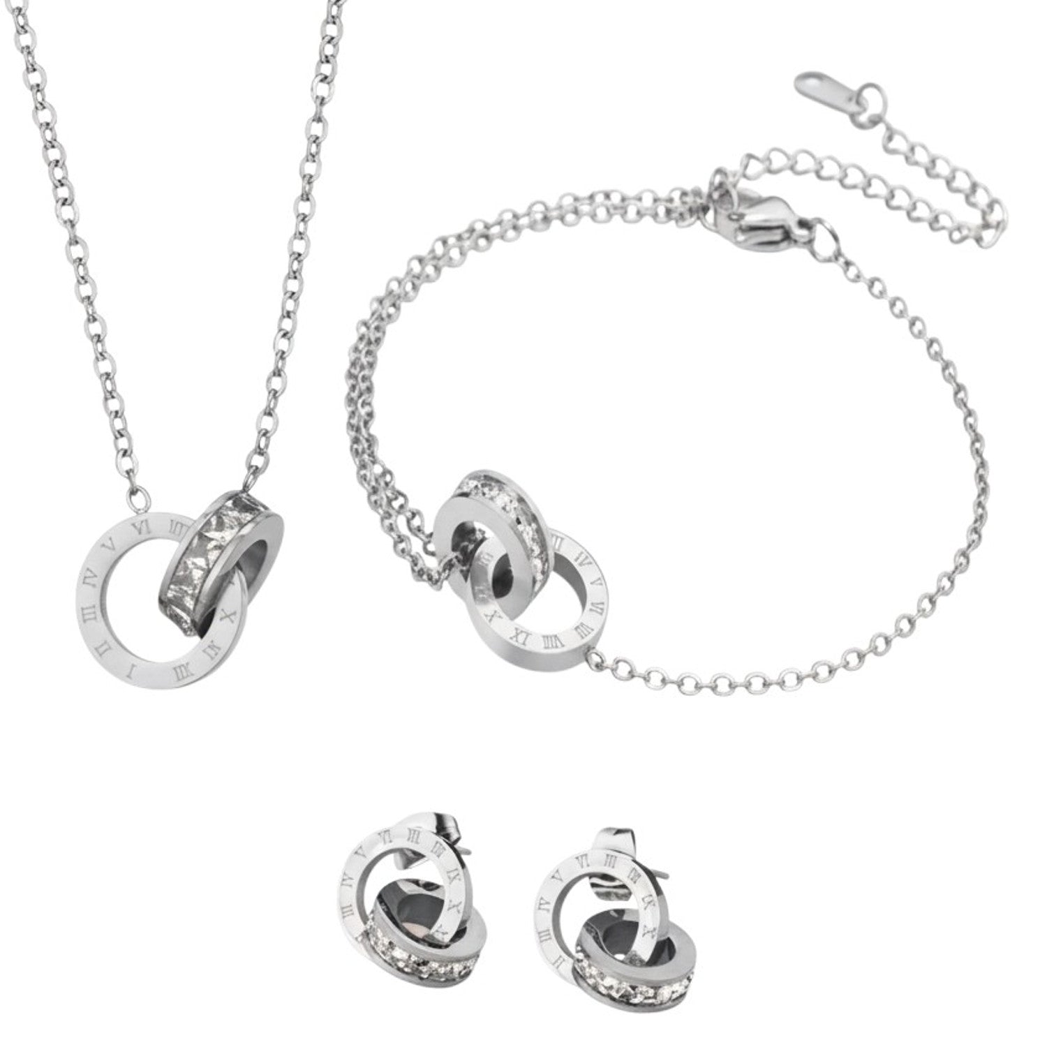 Schmuckset Zirkon Silber Kette Armband Ohrstecker Edelstahl wasserfest hypoallergen Karma