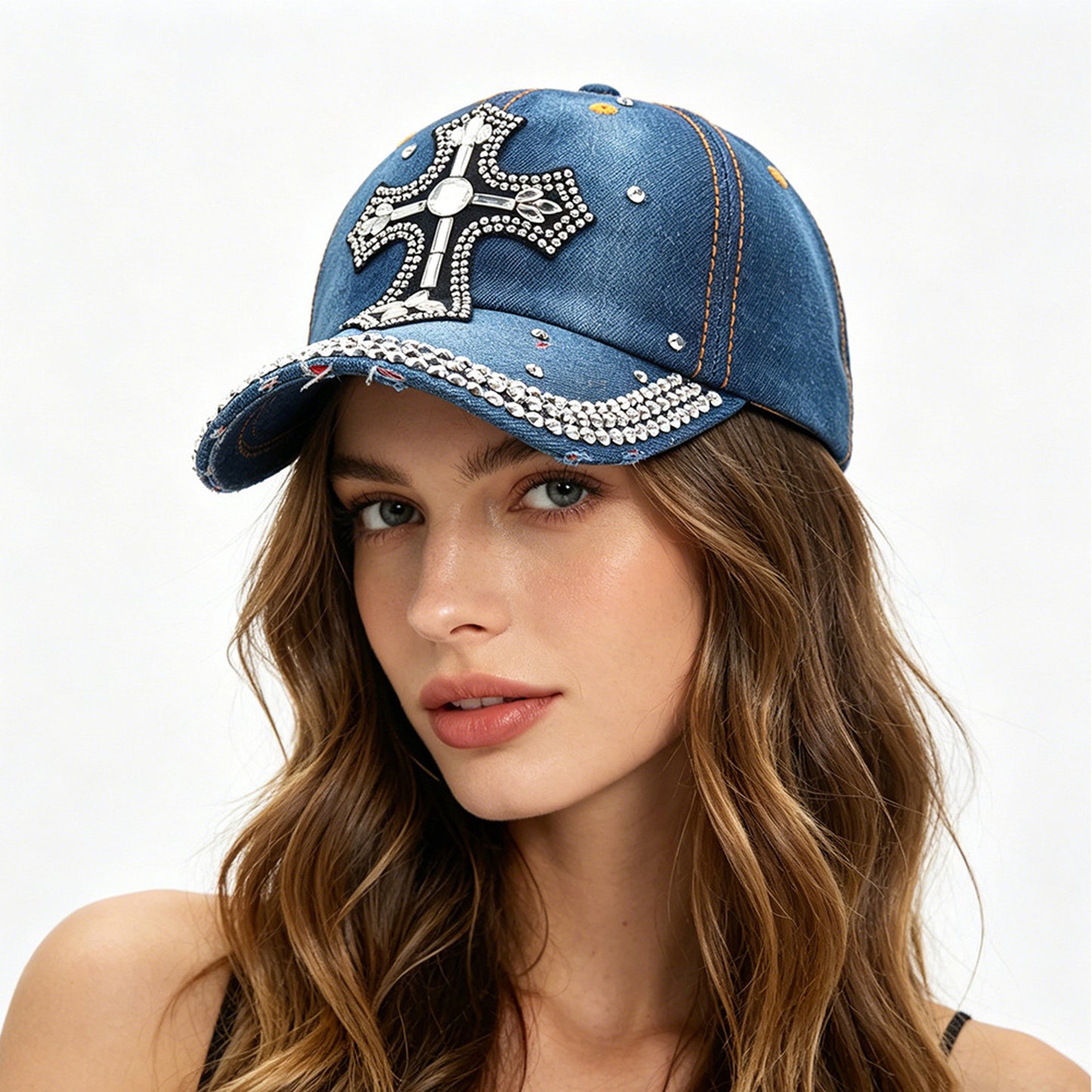 Basecap Kreuz Damen Jeansblau Dunkelblau oder Hellblau Baumwolle Kristalle Kappe Karma