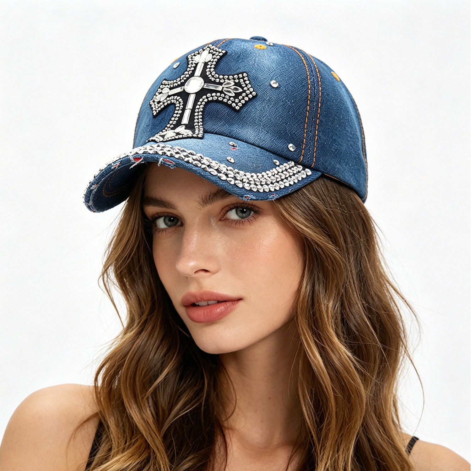 Basecap Kreuz Damen Jeansblau Dunkelblau oder Hellblau Baumwolle Kristalle Kappe Karma