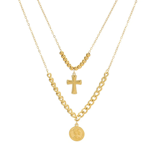 2 lagige Halskette Gold Kreuz 18 Karat vergoldet KARMA