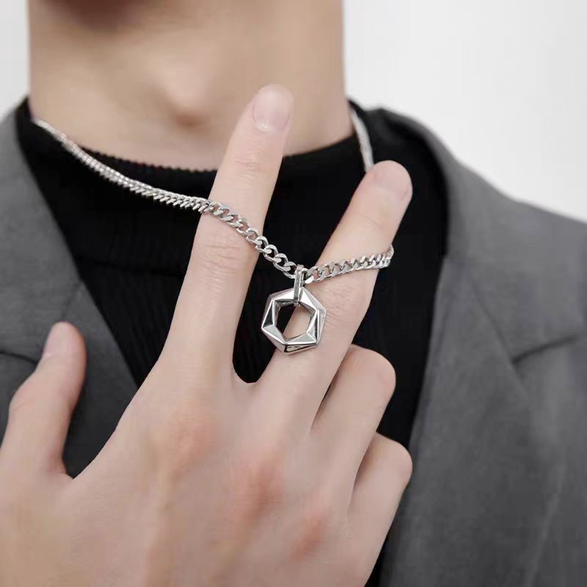 Halskette Hexagon Silber Edelstahl Herren Kette KARMA