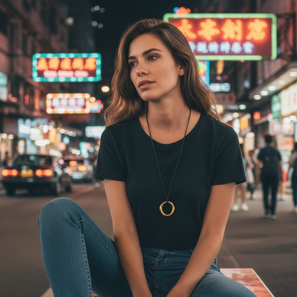 Halskette Schwarz Gold PU Leder Edelstahl vergoldet Kette mit Anhänger Lederkette Karma