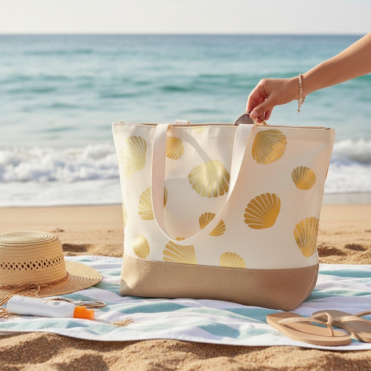 Strandtasche Muscheln Beige Gold 59 cm modern Pooltasche Shopper Sommertasche Karma