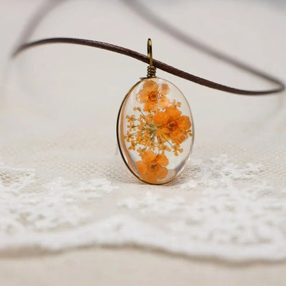 Halskette Echte Trockenblumen Gelb Glas Lederband Blumenkette Kette modern Karma