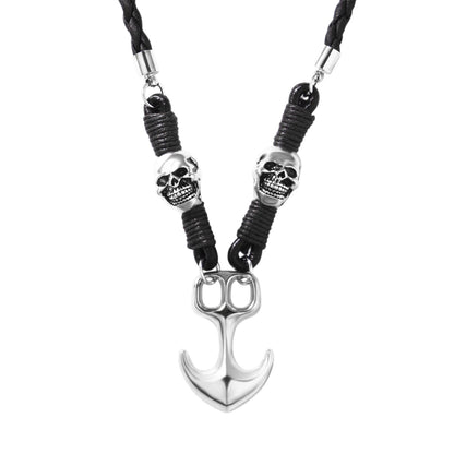 Kette Herren Anker Totenkopf Schwarz Leder Ankerkette Totenkopfkette Karma