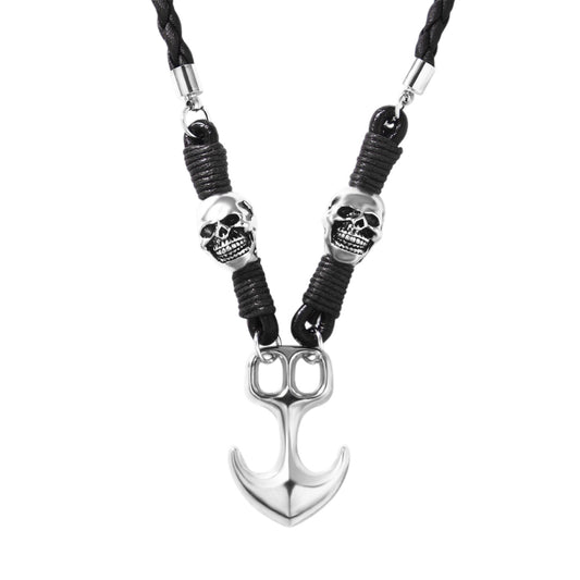 Kette Herren Anker Totenkopf Schwarz Leder Ankerkette Totenkopfkette Karma