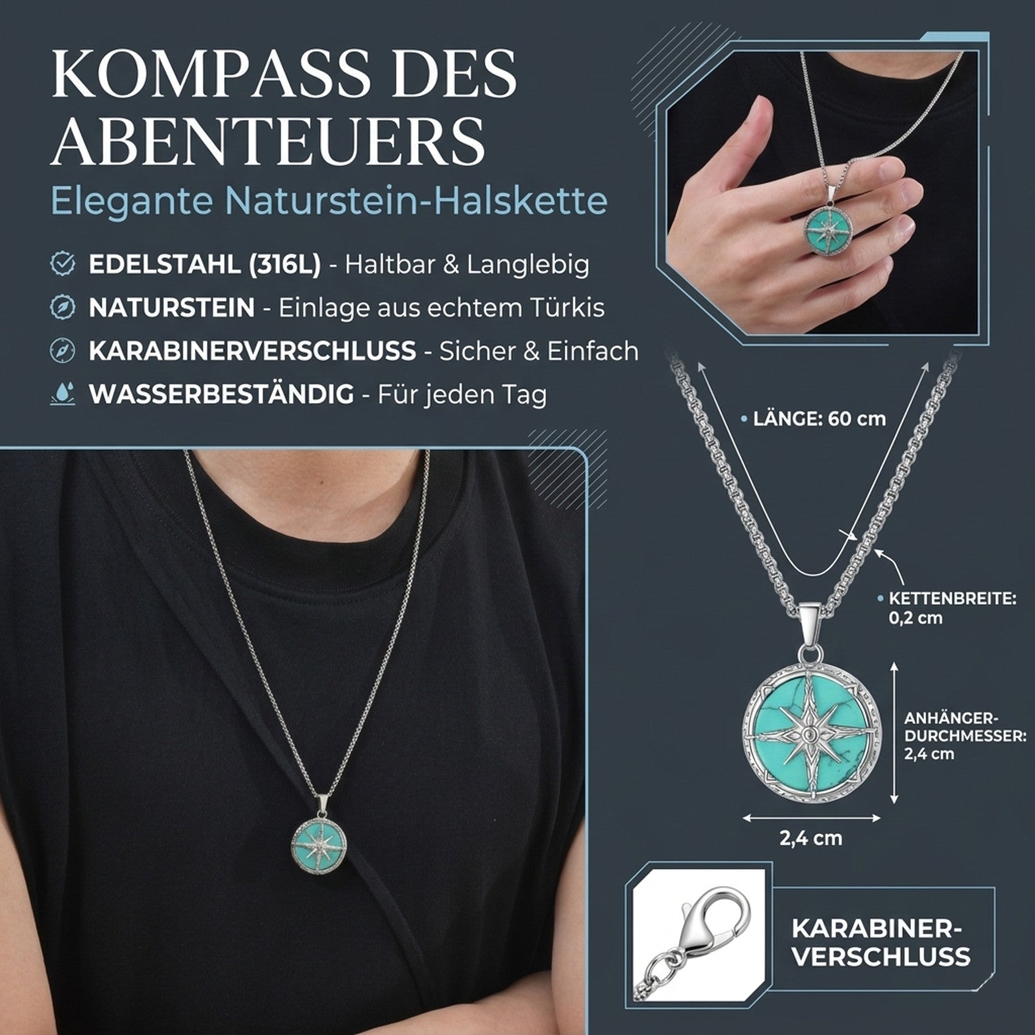 Halskette Kompass Herren Silber Türkis 60 cm Edelstahl Naturstein wasserfest hypoallergen rostfrei Karma