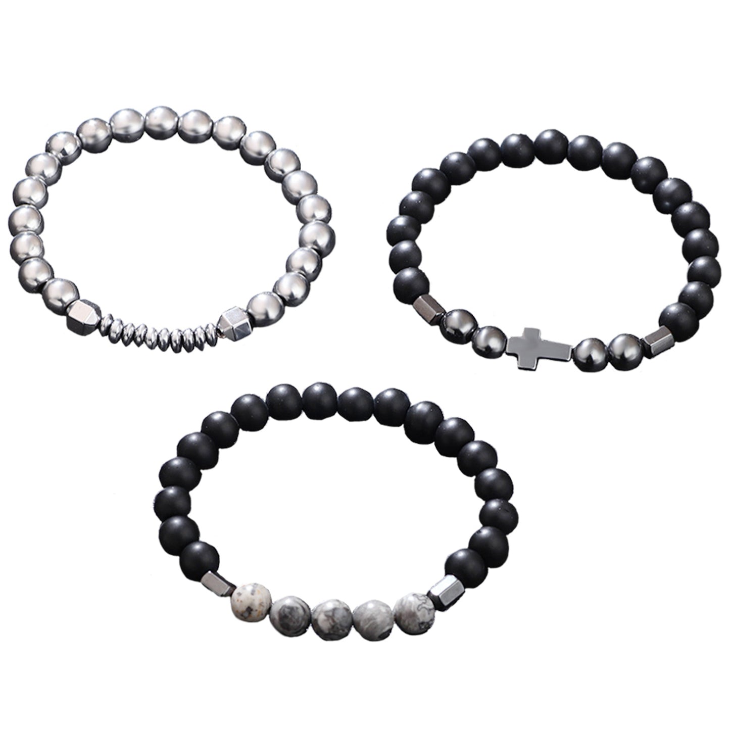 Armband Set Herren Perlenarmband Schwarz Edelstahl Lavaperlen Naturstein Karma