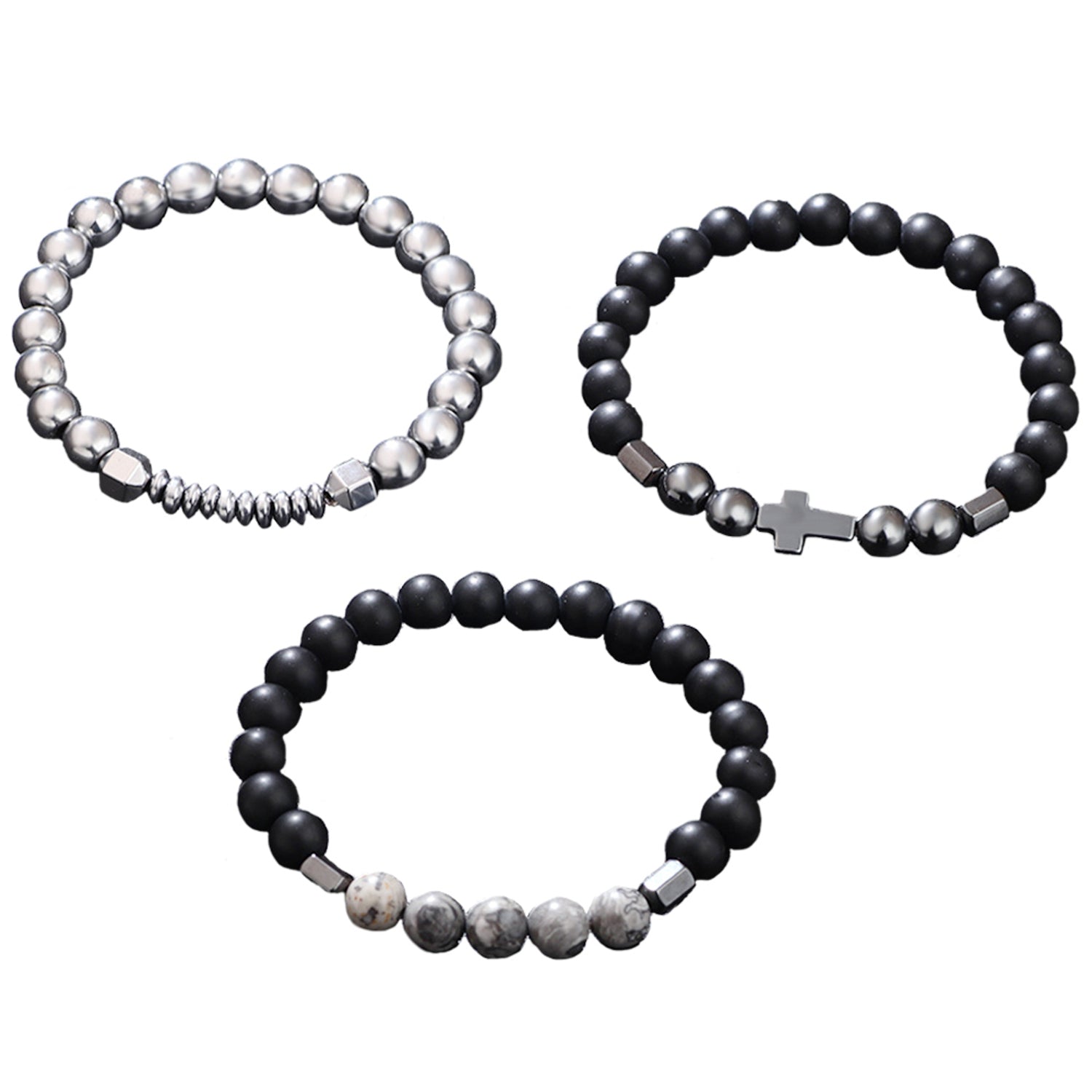 Armband Set Herren Perlenarmband Schwarz Edelstahl Lavaperlen Naturstein Karma