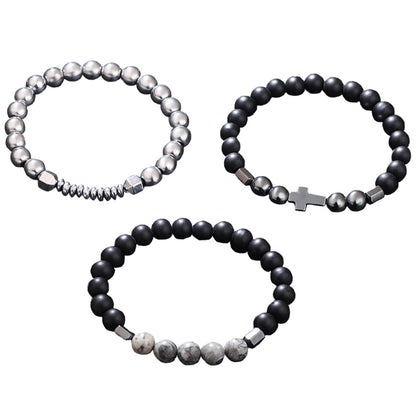 Armband Set Herren Perlenarmband Schwarz Edelstahl Lavaperlen Naturstein Karma