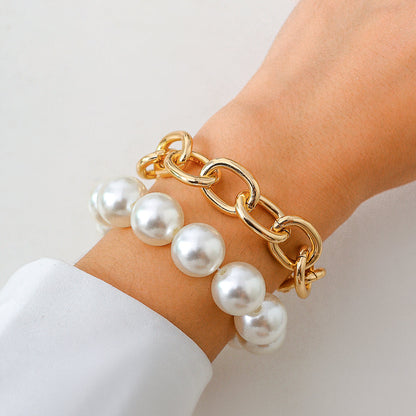 Armbandset Perlenarmband und Metallarmband Weiß Gold Karma