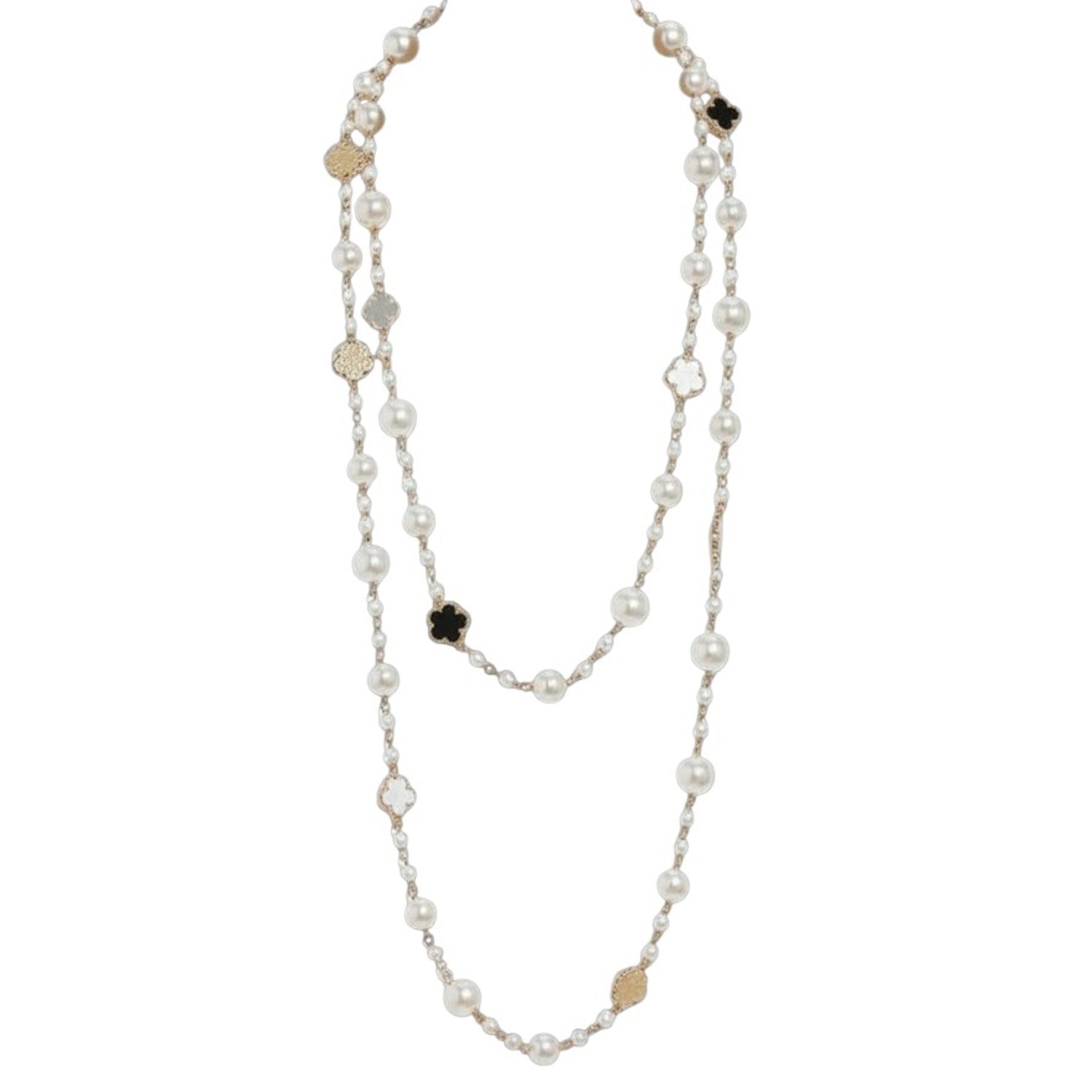 Lange Perlenkette Gold Weiß Damen Halskette Pulloverkette Karma