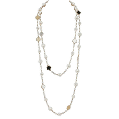 Lange Perlenkette Gold Weiß Damen Halskette Pulloverkette Karma