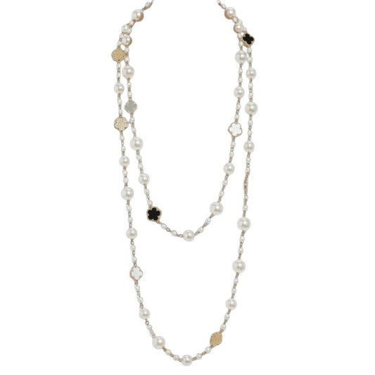 Lange Perlenkette Gold Weiß Damen Halskette Pulloverkette Karma