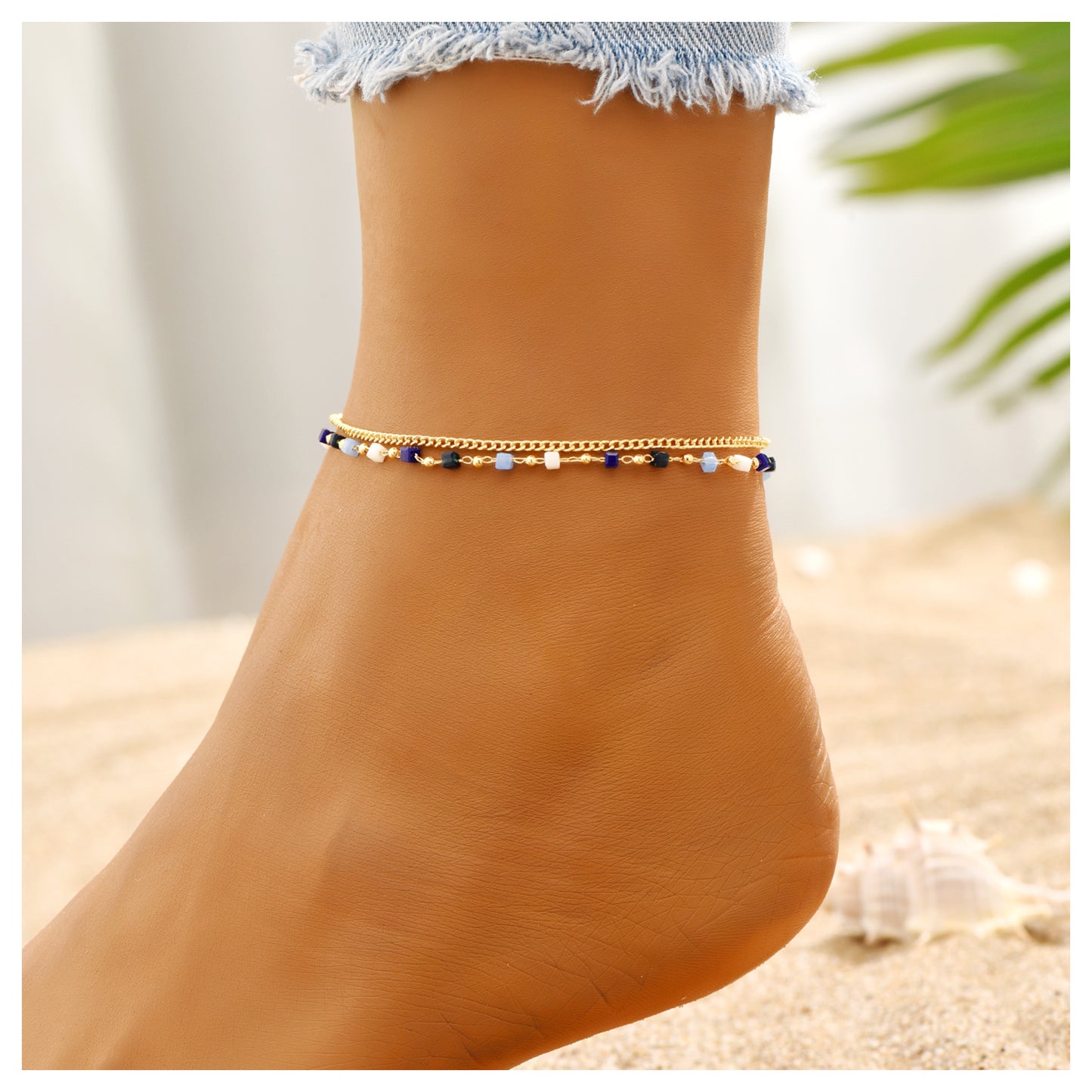 Fußkettchen Gold Blau 21 cm vergoldete Fußkette wasserfest hypoallergen Karma