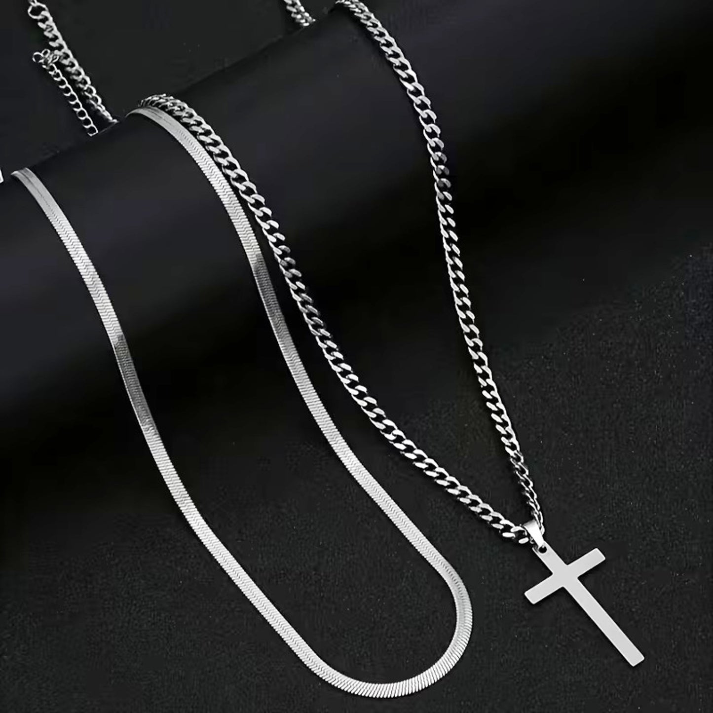 2er Set Ketten Herren Kreuz Schlangenkette Silber Edelstahl wasserfest rostfrei hypoallergen Karma