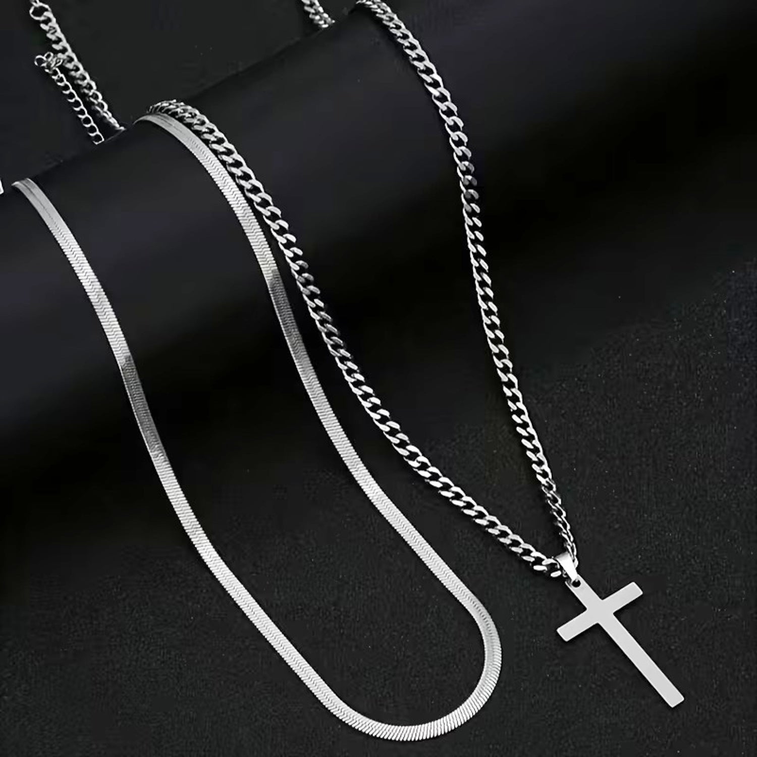 2er Set Ketten Herren Kreuz Schlangenkette Silber Edelstahl wasserfest rostfrei hypoallergen Karma