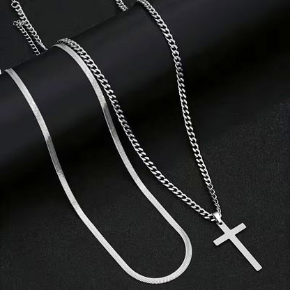 2er Set Ketten Herren Kreuz Schlangenkette Silber Edelstahl wasserfest rostfrei hypoallergen Karma