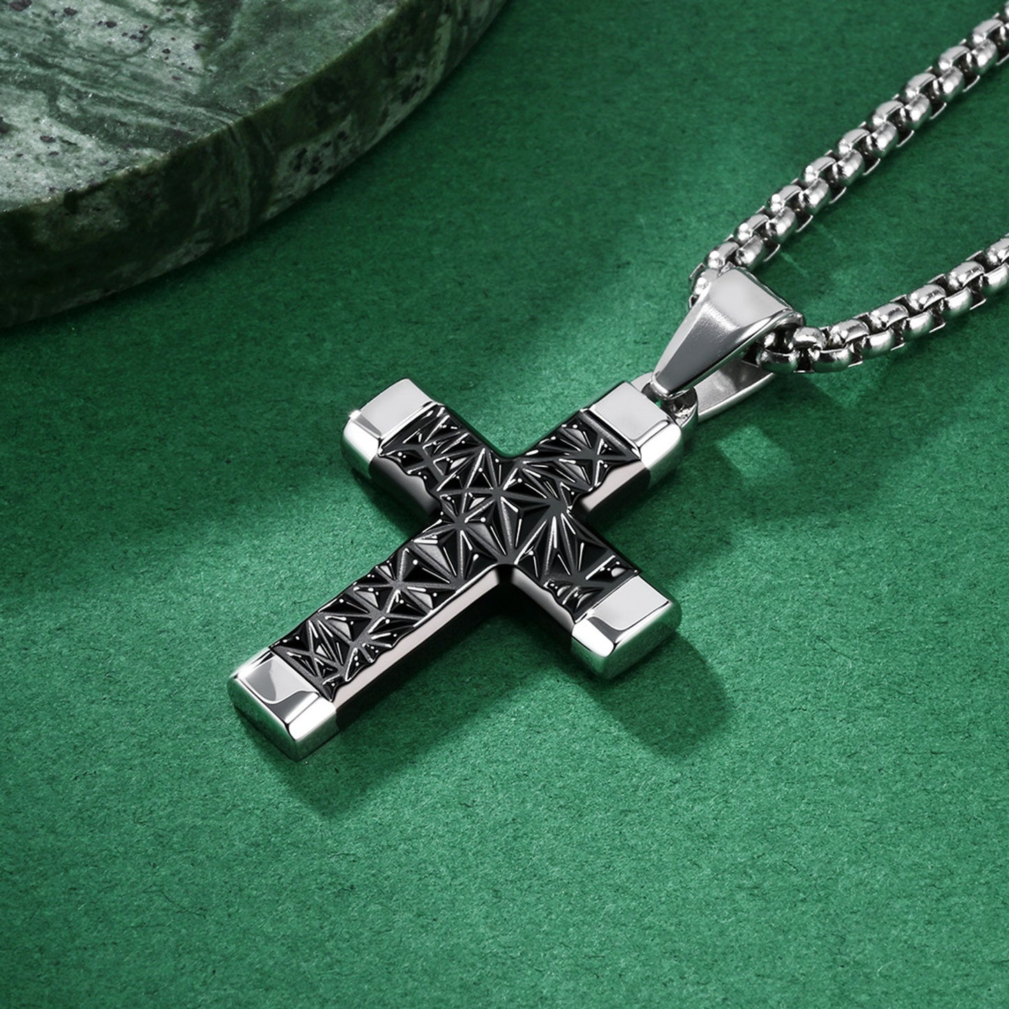 Halskette Kreuz Herren Silber Schwarz modern 60 cm Edelstahl wasserfest hypoallergen rostfrei Karma