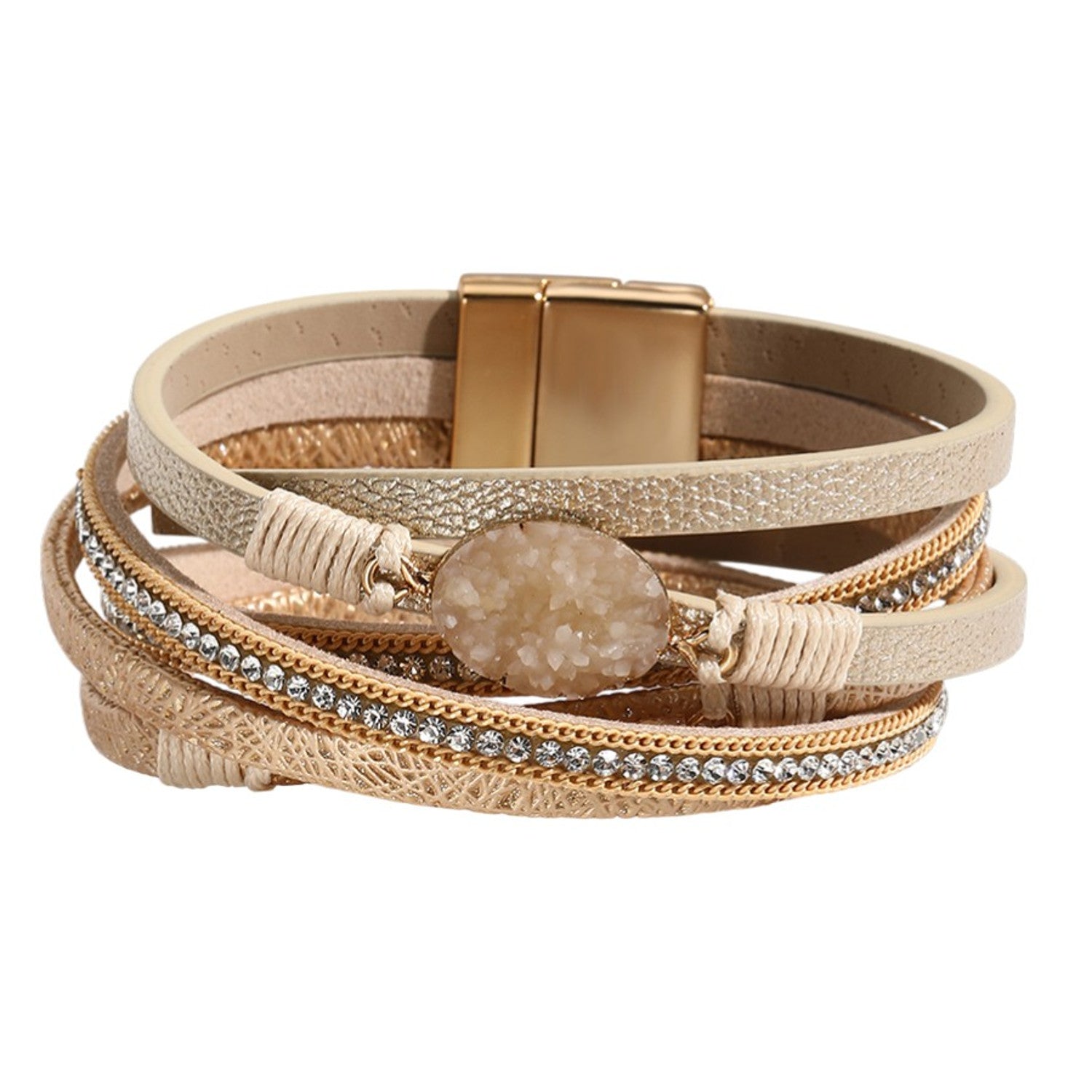 Wickelarmband Damen Beige PU Leder Zirkon Armband Karma