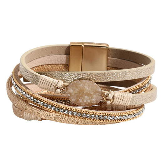 Wickelarmband Damen Beige PU Leder Zirkon Armband Karma