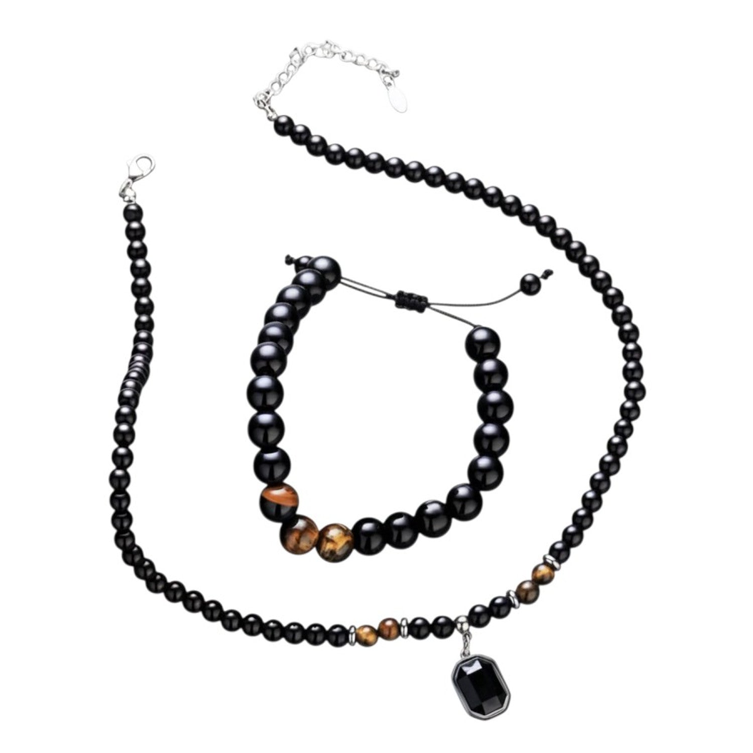 Schmuckset Herren Perlen Schwarz Armband und Kette Edelstahl Acrylperlen Karma