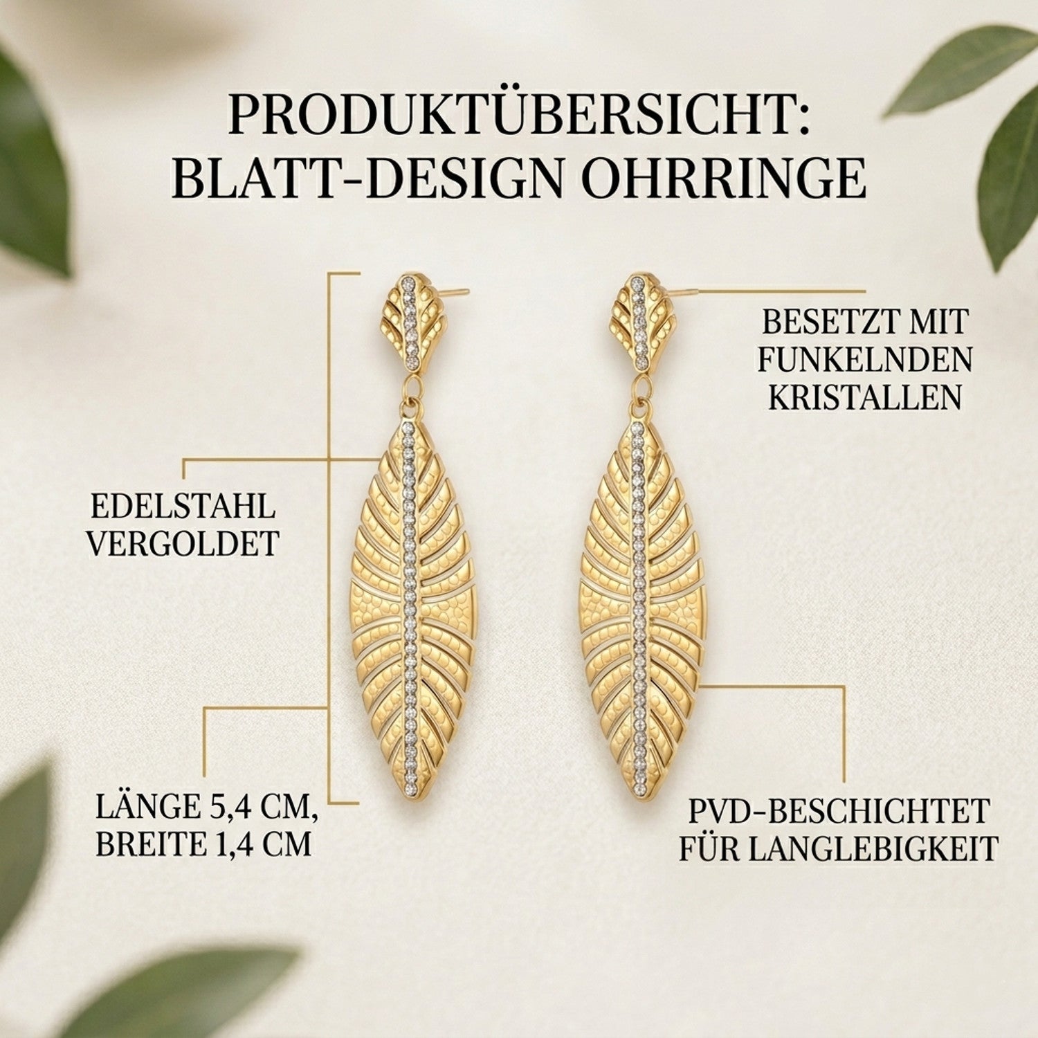 Ohrringe Blatt Damen Gold 5 cm Damen Ohrschmuck Edelstahl vergoldet Kristalle wasserfest rostfrei hypoallergen Lieferung in Schmuckbox Karma