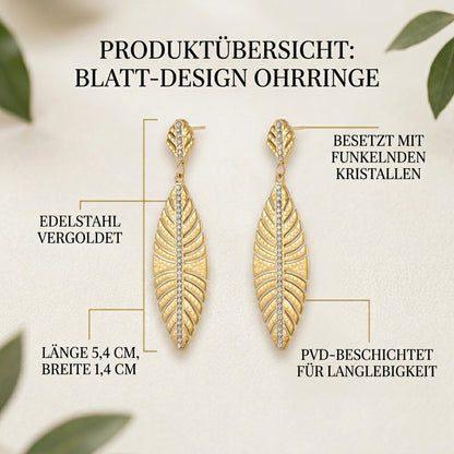 Ohrringe Blatt Damen Gold 5 cm Damen Ohrschmuck Edelstahl vergoldet Kristalle wasserfest rostfrei hypoallergen Lieferung in Schmuckbox Karma