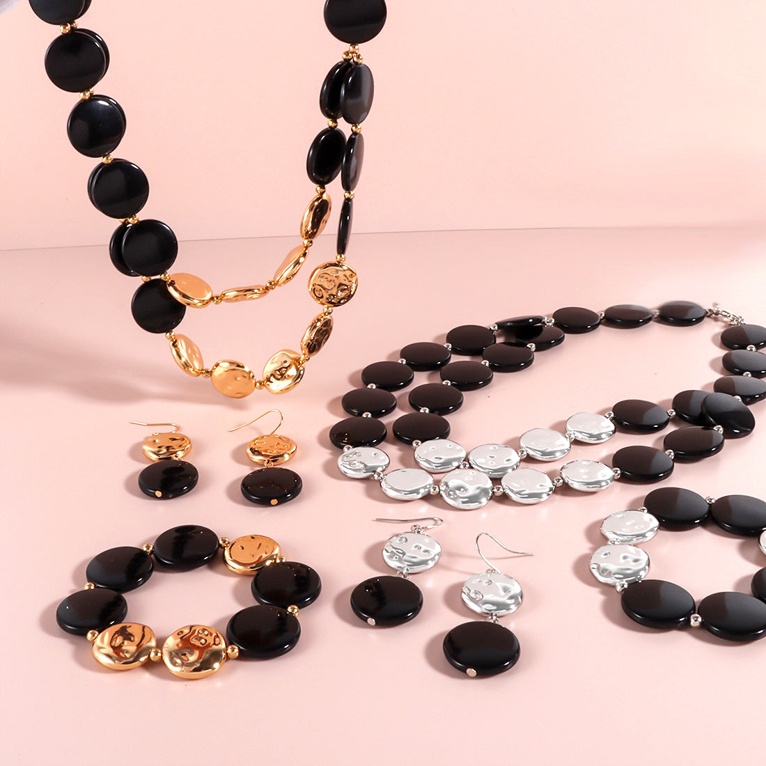 Schmuckset Acryl Schwarz Silber oder Gold Karma
