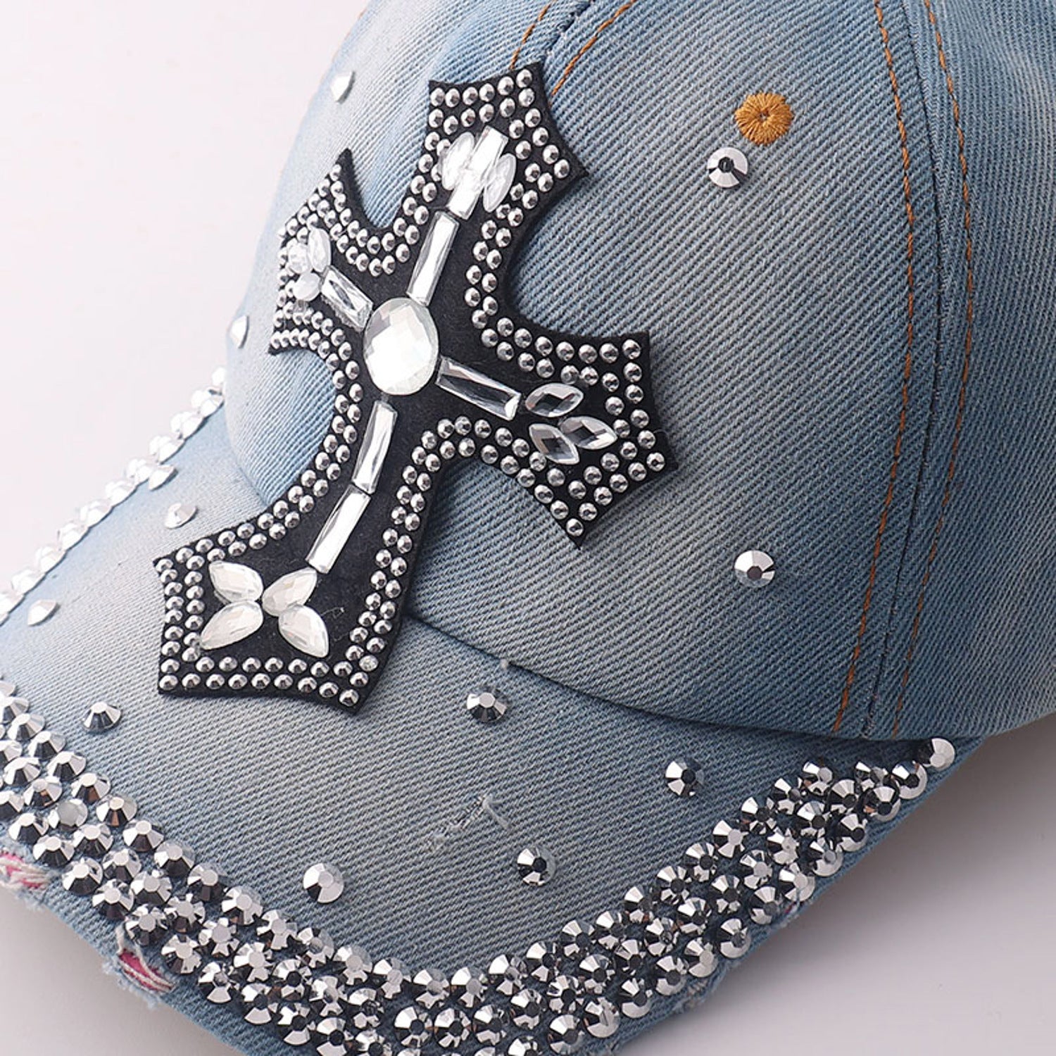 Basecap Kreuz Damen Jeansblau Hellblau Baumwolle Kristalle Kappe Karma