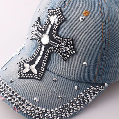 Basecap Kreuz Damen Jeansblau Dunkelblau oder Hellblau Baumwolle Kristalle Kappe Karma