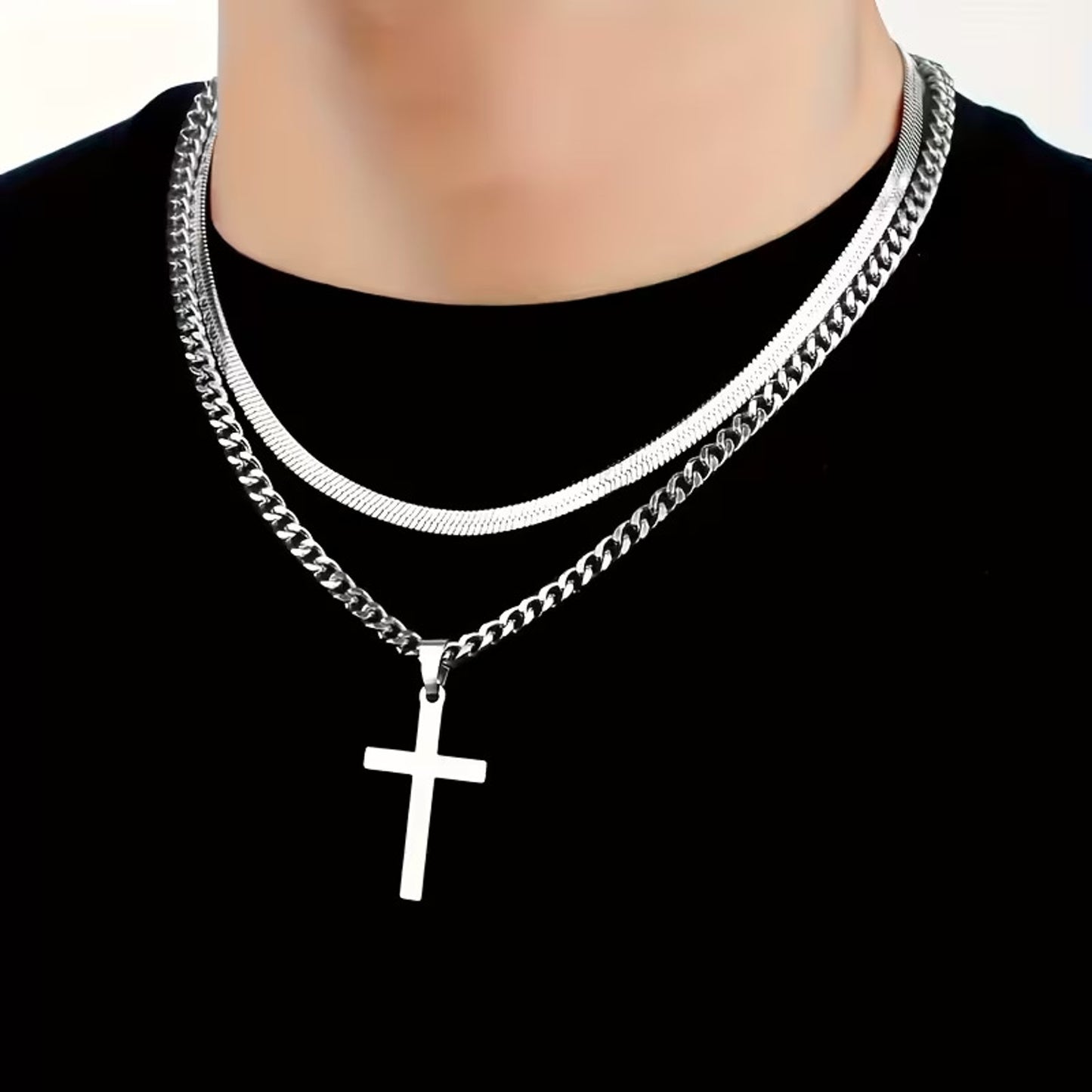 2er Set Ketten Herren Kreuz Schlangenkette Silber Edelstahl wasserfest rostfrei hypoallergen Karma