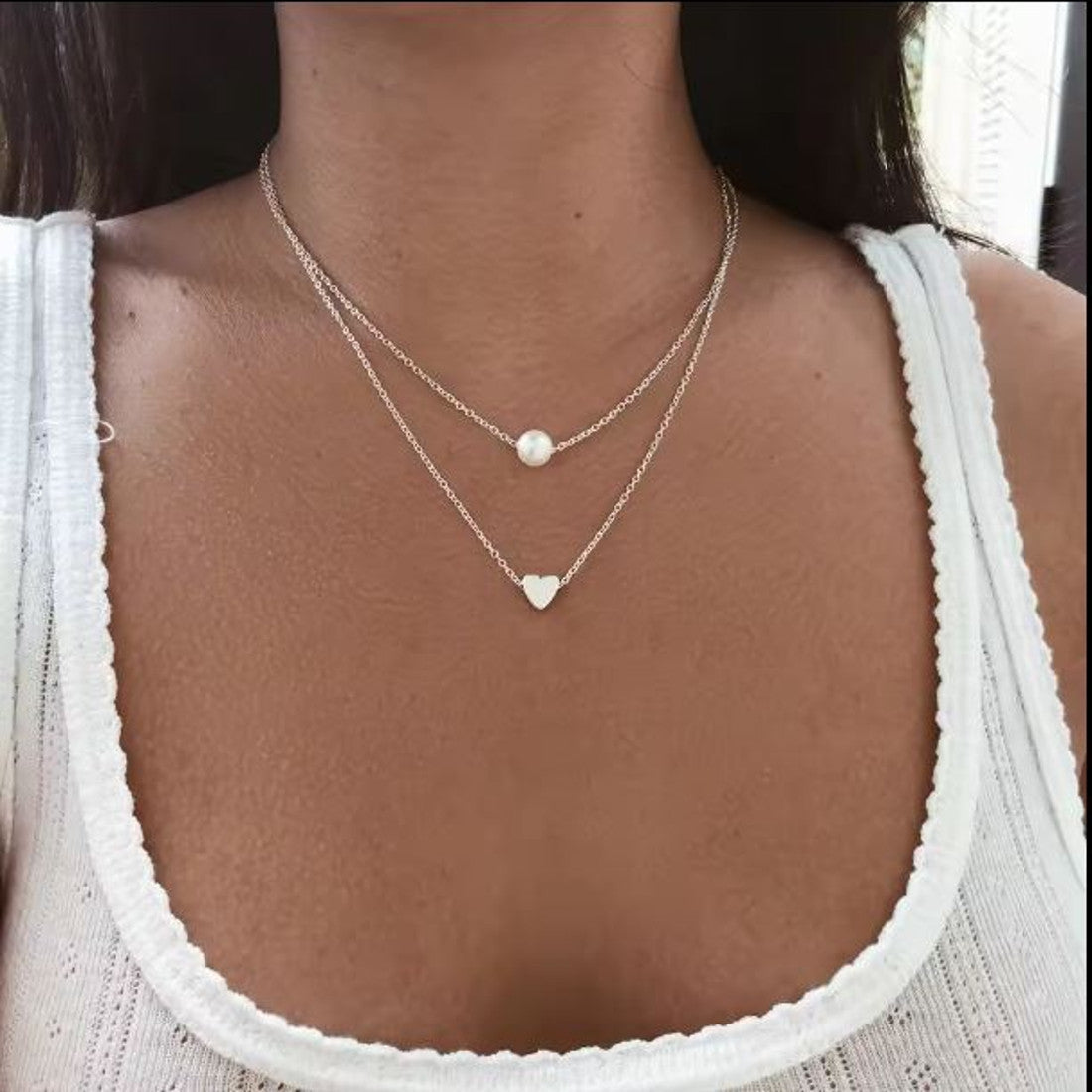 Halskette 2reihig Gold Herz und Perle KARMA