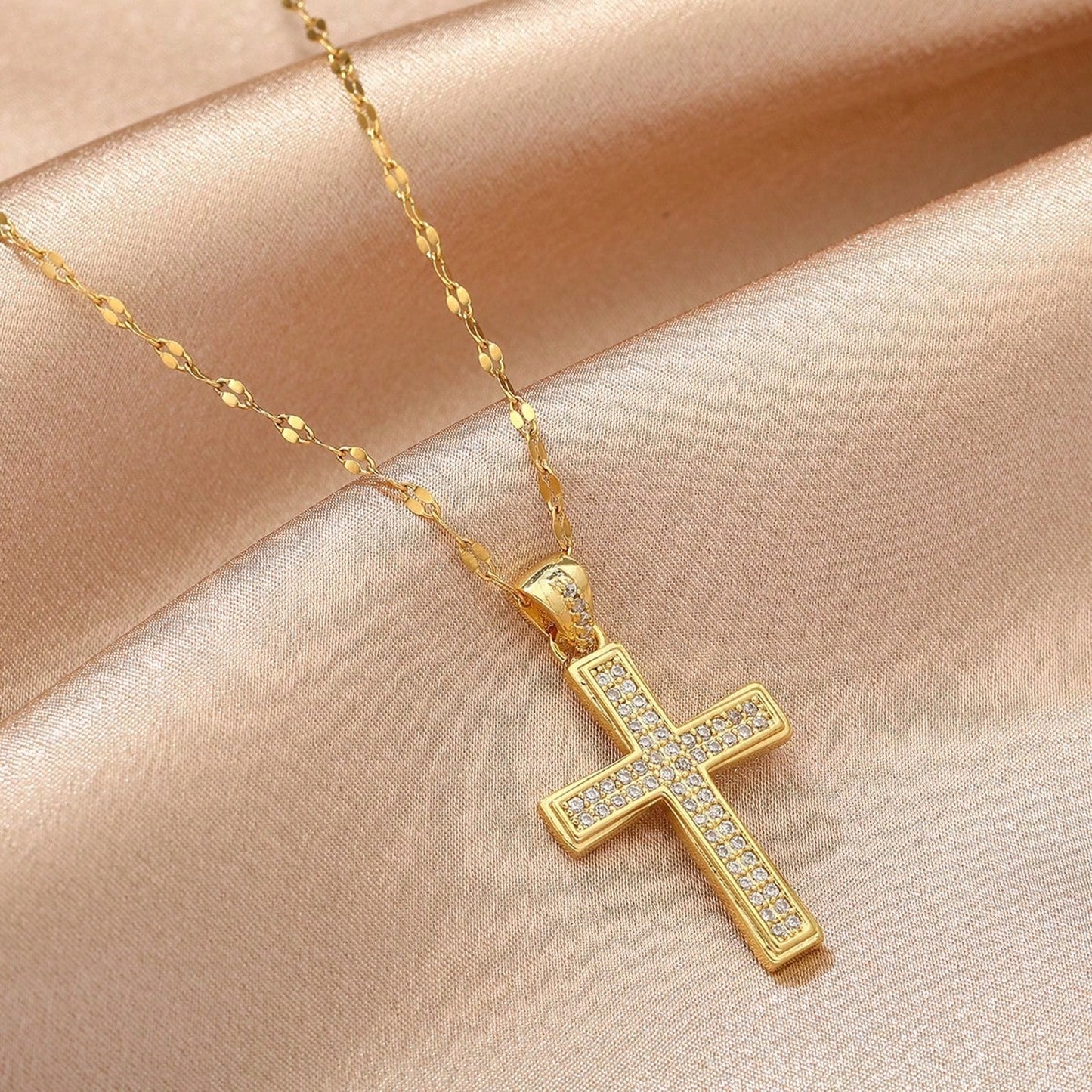 Halskette Kreuz Gold Kristalle Edelstahl 40 cm wasserfest rostfrei Damen Kette Karma