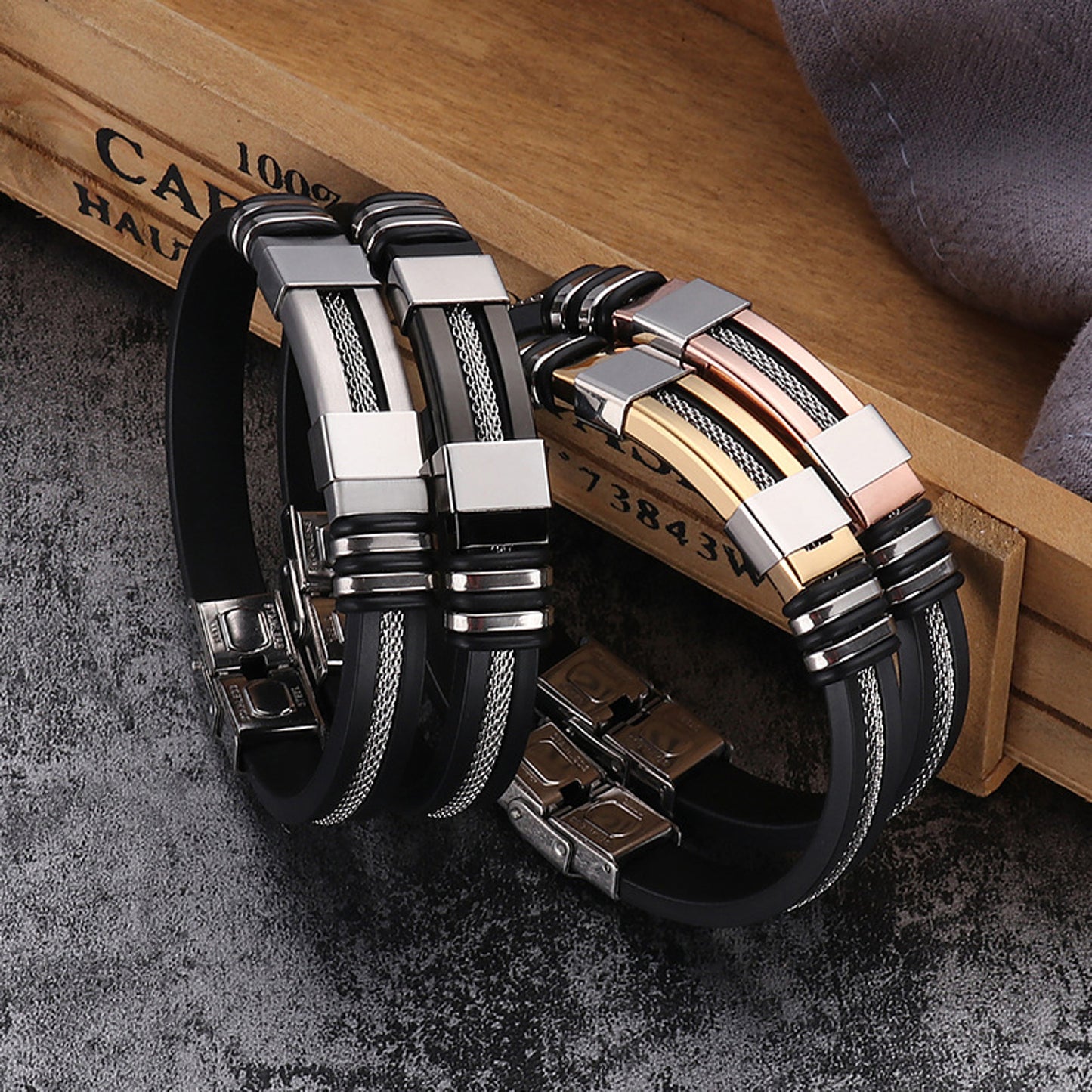 Armband Herren Silber 21 cm Silikon Edelstahl modern Karma