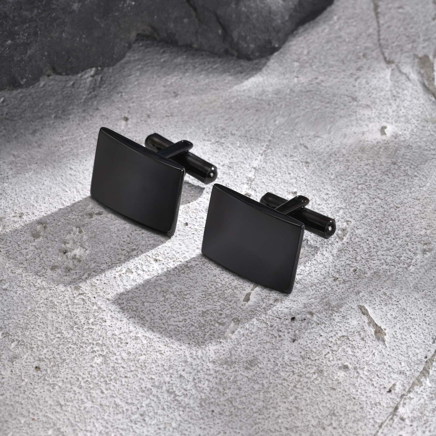 2er Set Manschettenknöpfe Schwarz Edelstahl rechteckig Karma