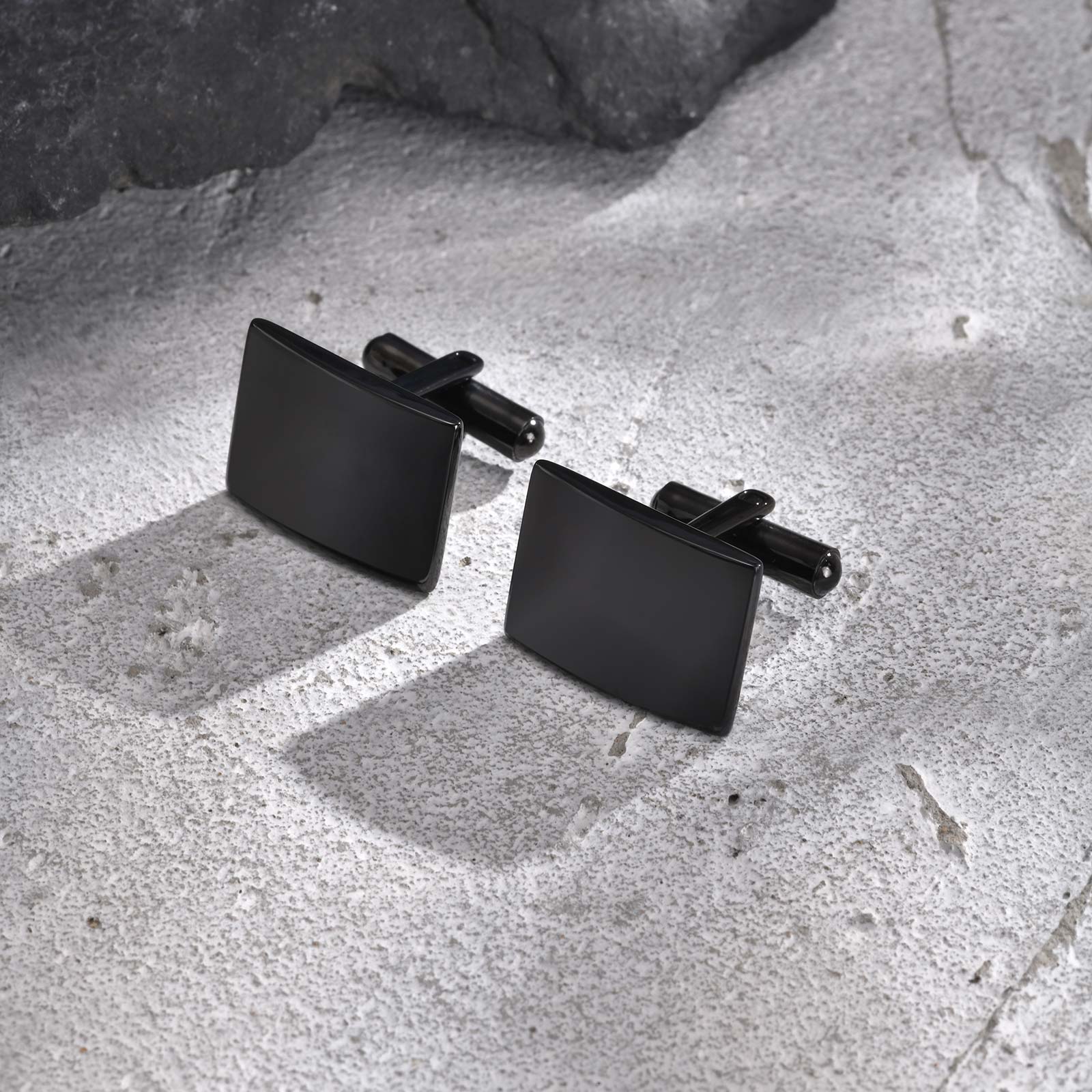 2er Set Manschettenknöpfe Schwarz Edelstahl rechteckig Karma