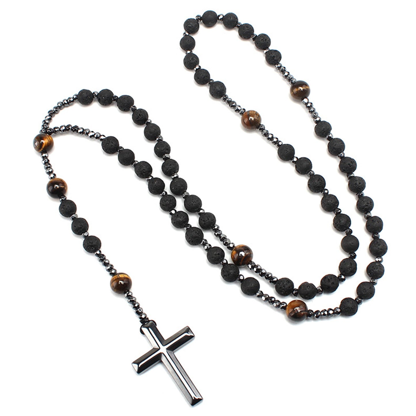 Perlenkette Kreuz Schwarz Lavasteine Tigerauge 80 cm