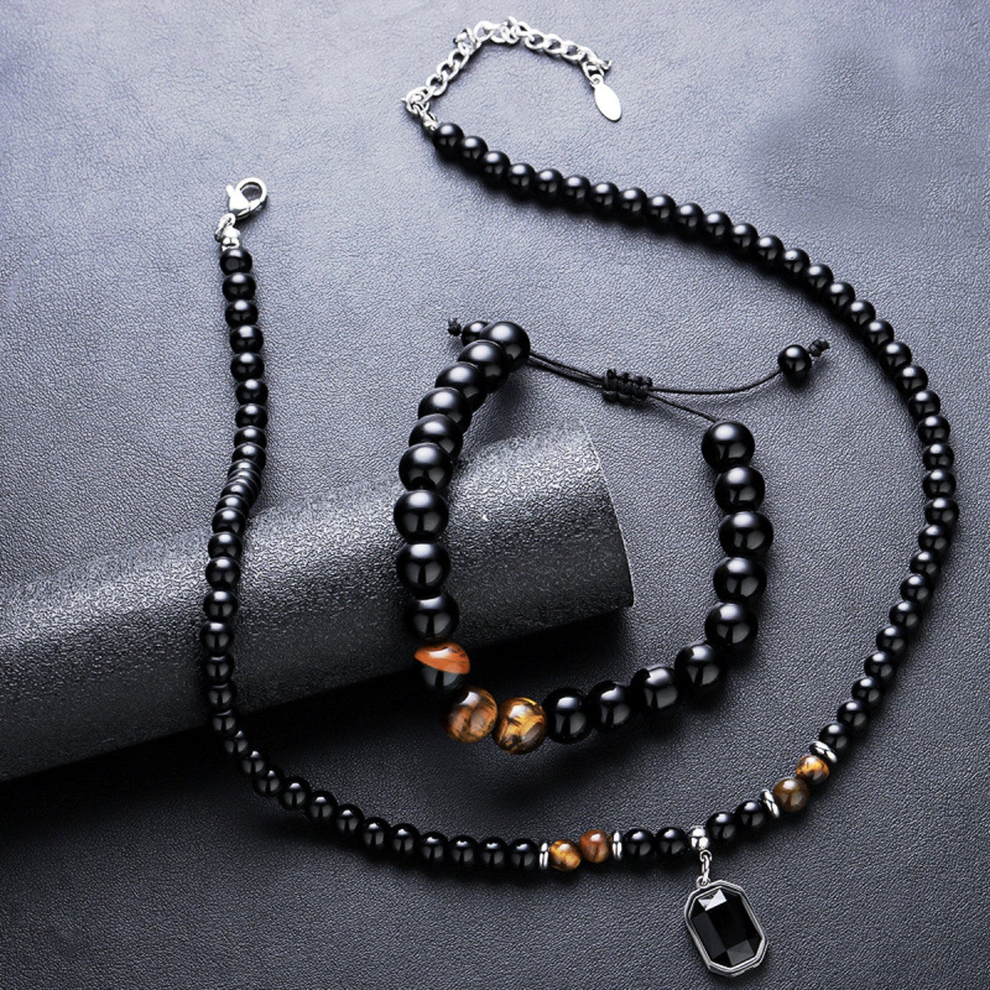 Schmuckset Herren Perlen Schwarz Armband und Kette Edelstahl Acrylperlen Karma