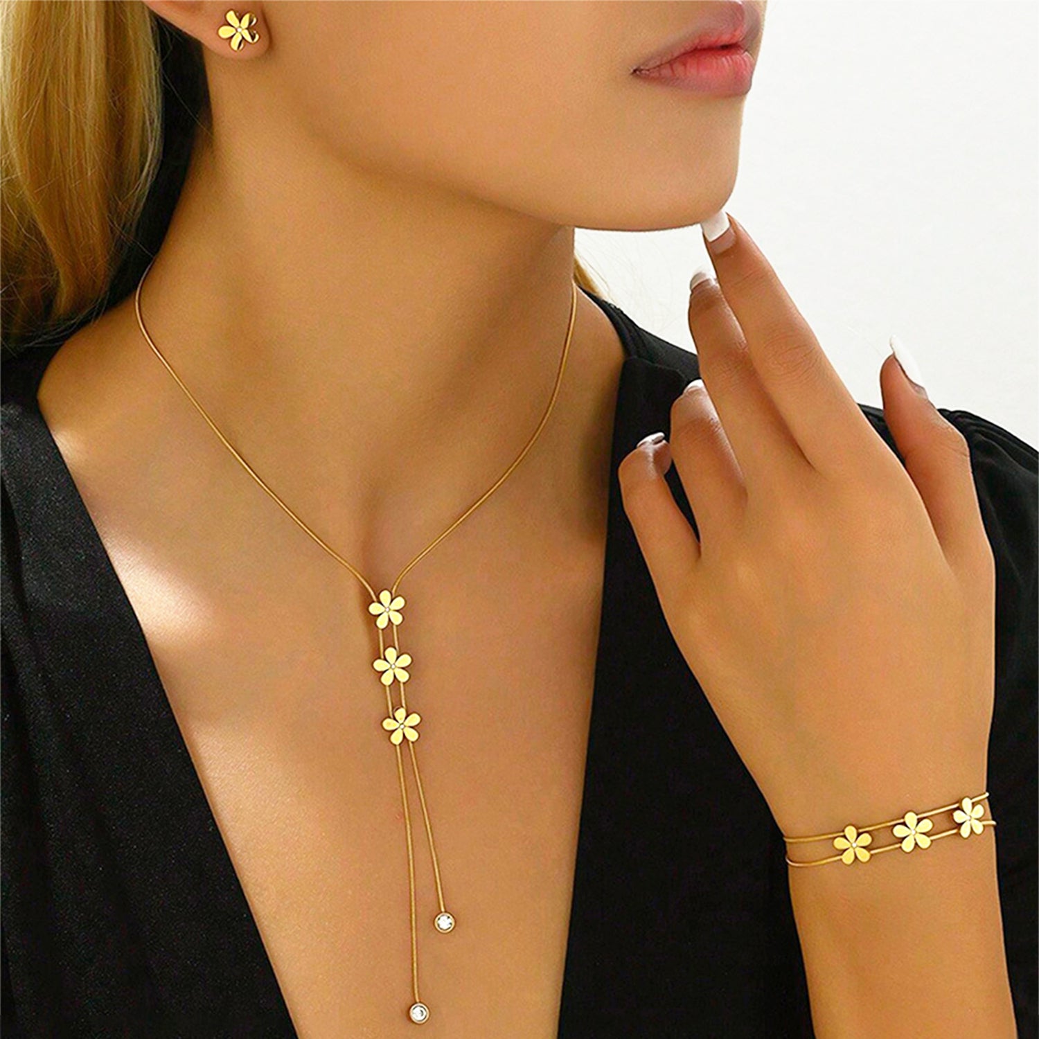 Schmuckset Gold Blumen Armband, Ohrringe und Halskette Edelstahl wasserfest hypoallergen rostfrei Karma