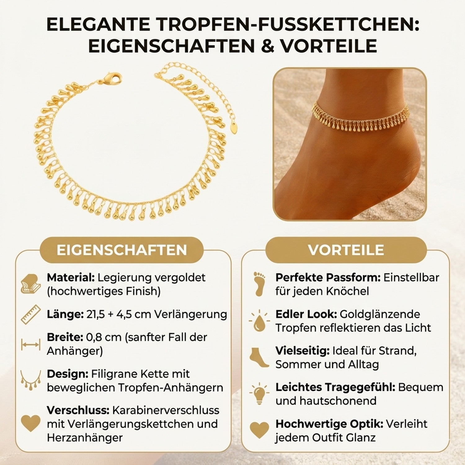 Fußkette Tropfen Gold verstellbares Fußkettchen vergoldet modern Karma